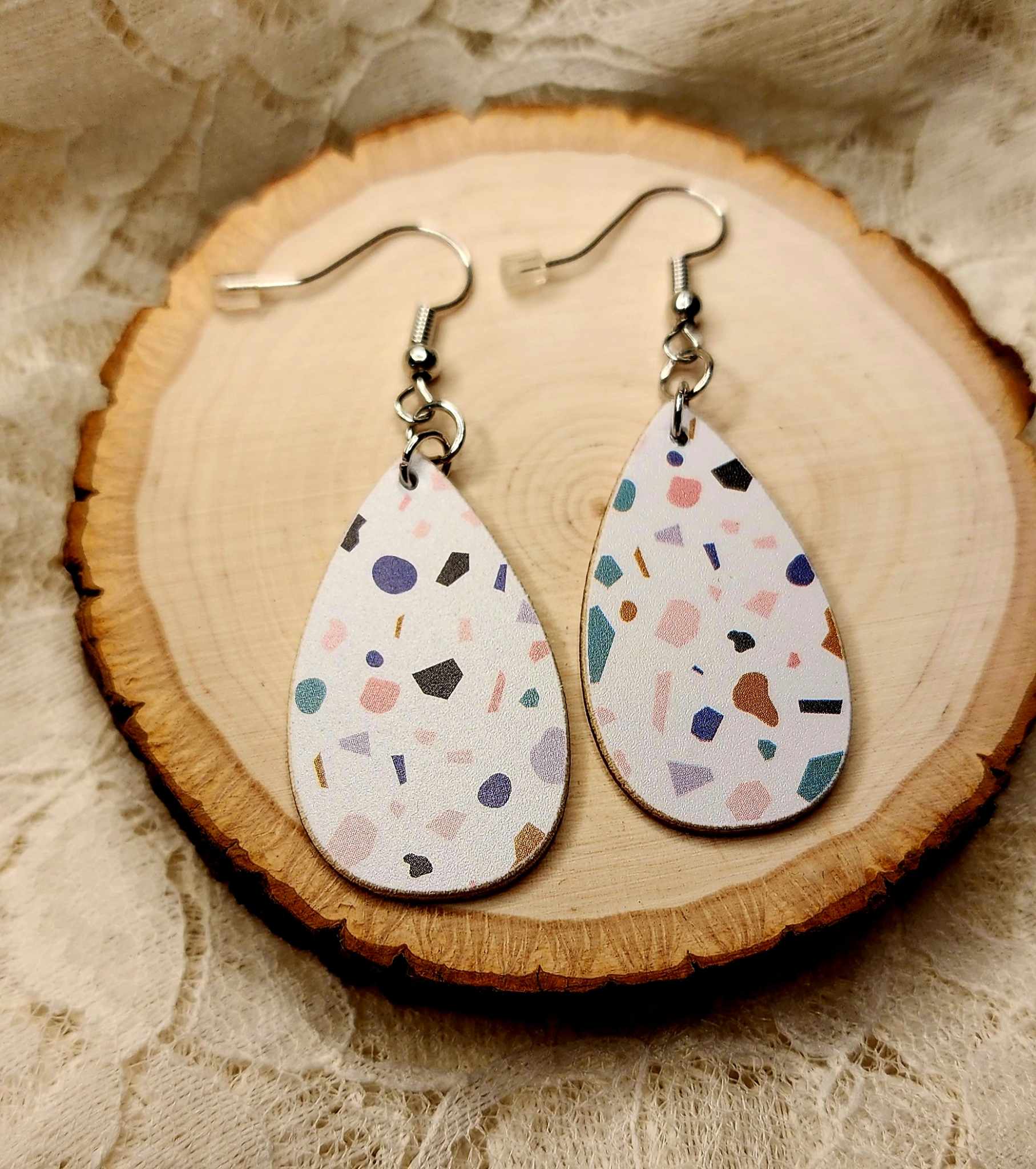Small Wood Dangle Everyday Earring (Confetti design)