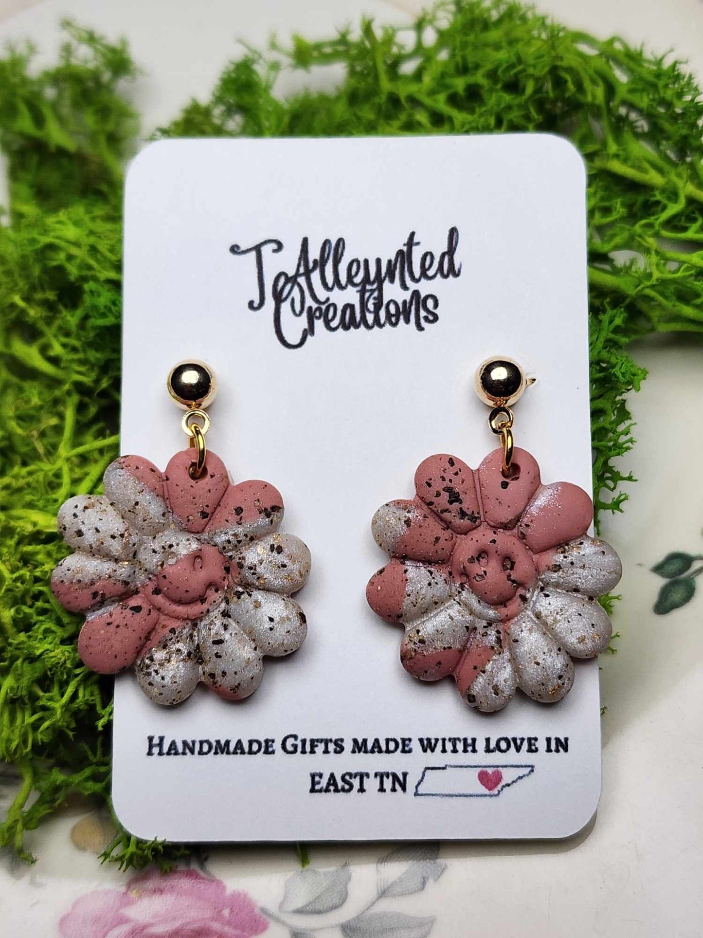 Speckle Floral Smiley Face gold ball Earrings