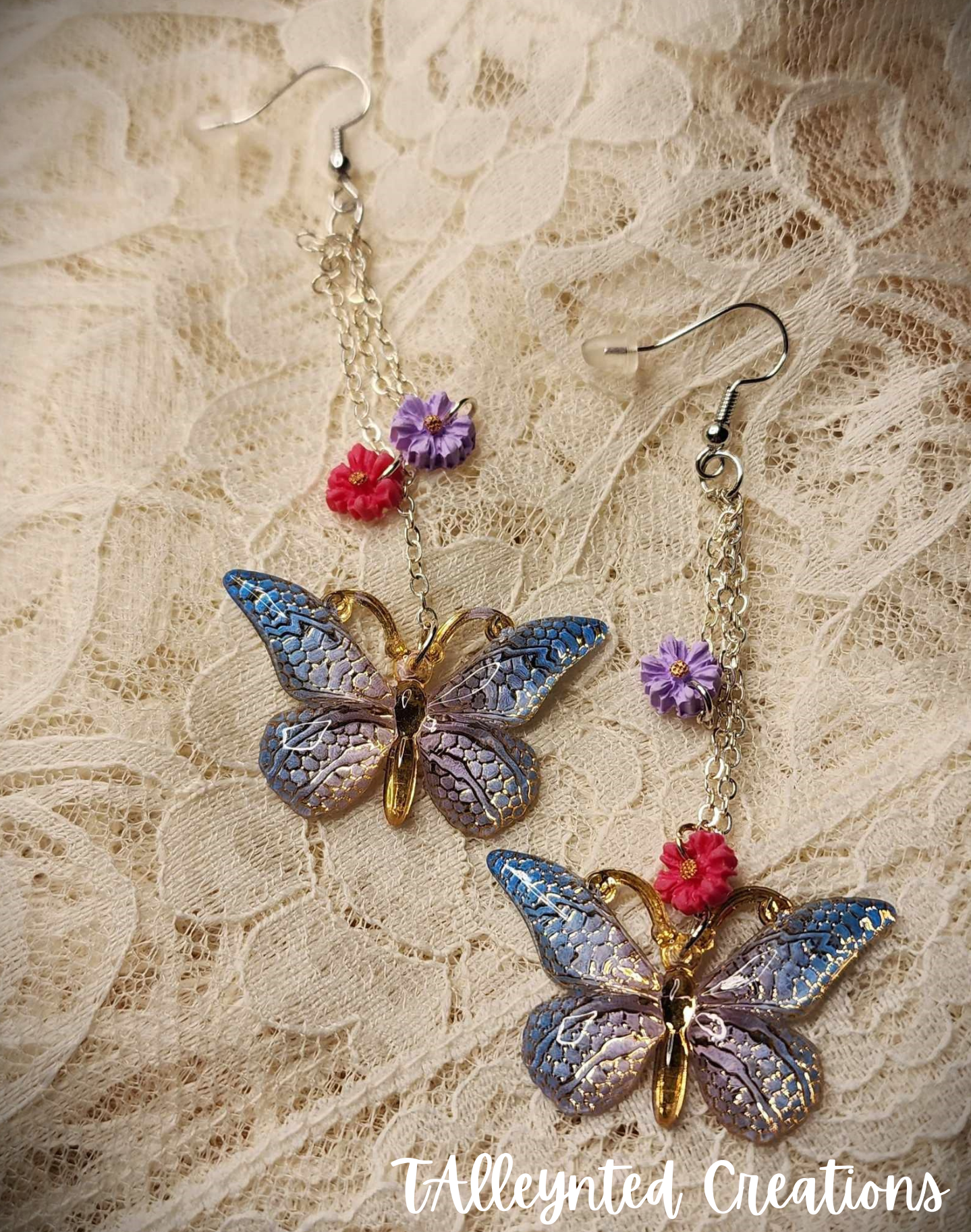 Beautiful butterfly pendant chain earrings with clay flower accents