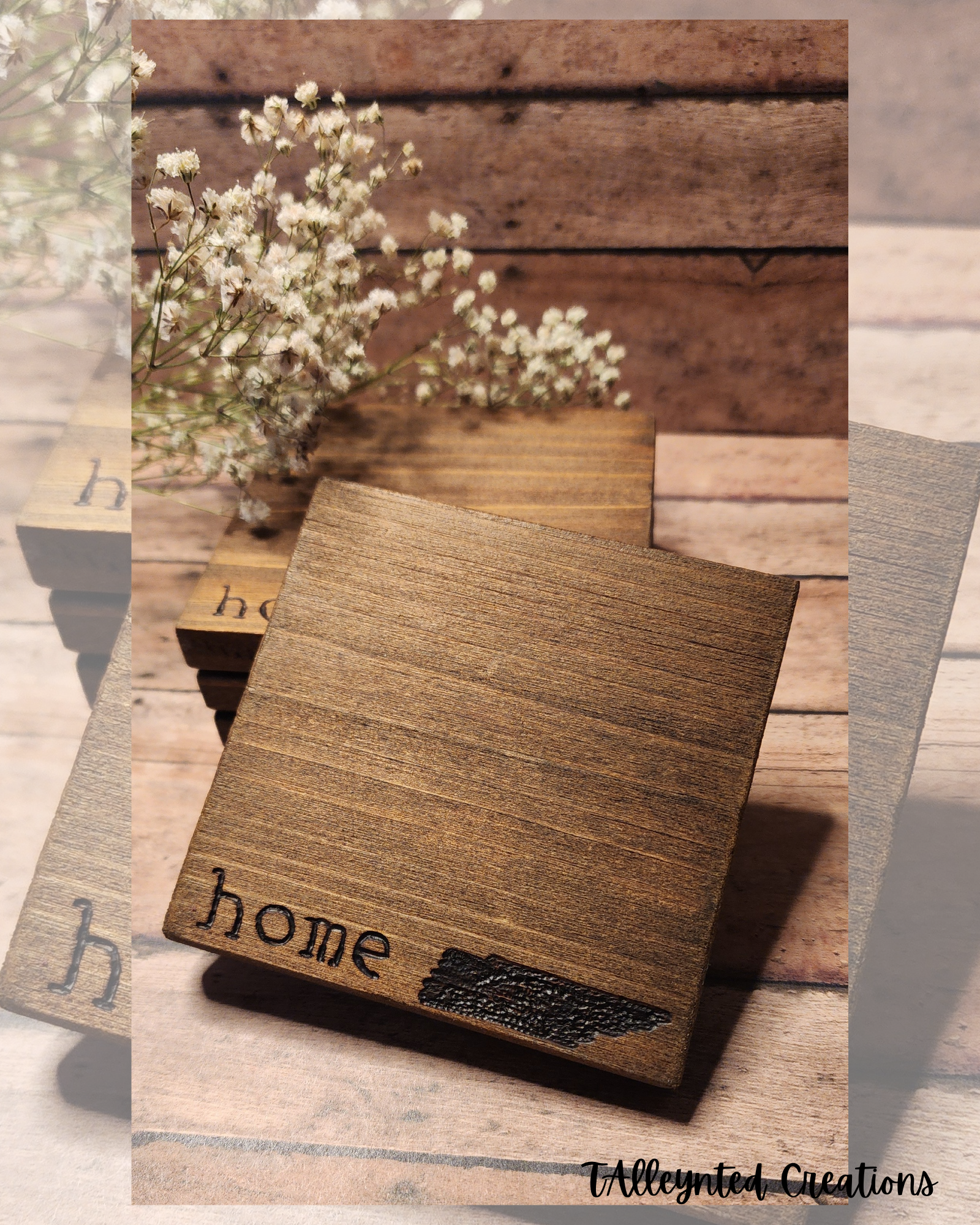 Hand burned coaster set of 4 with word "HOME" and pyrography state Tennessee